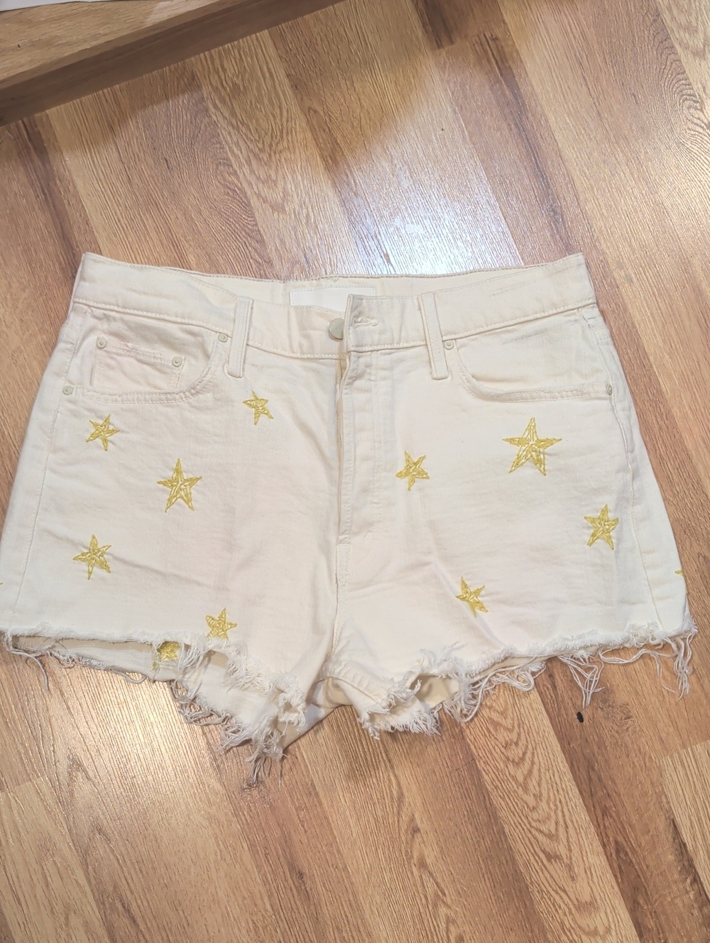 MOTHER Cream Denim Shorts with Gold Star Embroidery